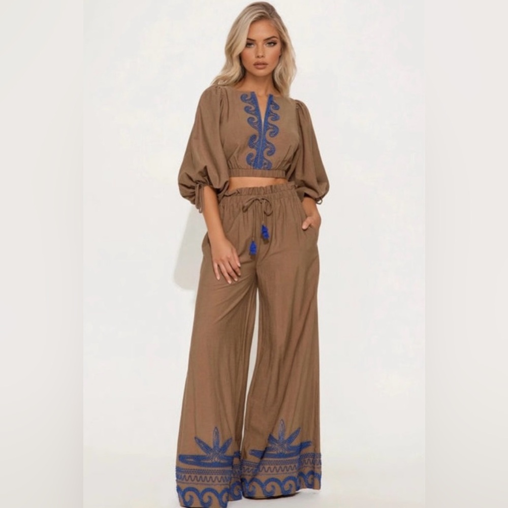 FASHION NOVA Women’s Cecilia Embroidered Linen Blend Pant Set Mocha Size S